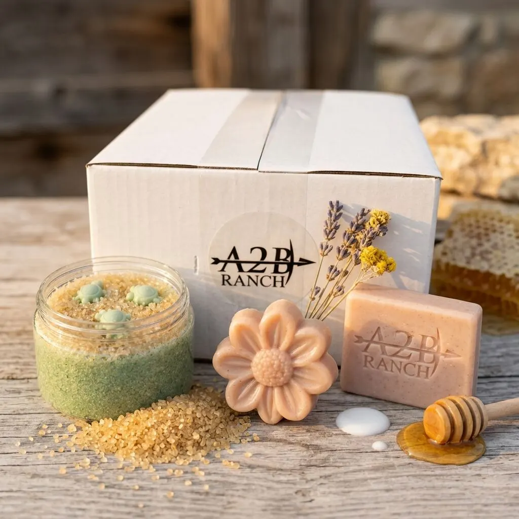 Handmade A2B Ranch soap bars and sugar scrubs on a rustic farmhouse table