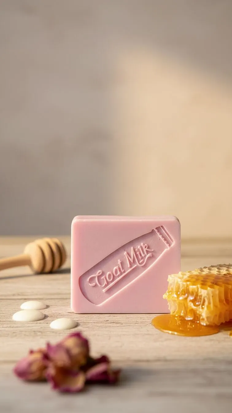 A2B Ranch goat milk soap bar on a wooden counter with honeycomb and dried rose petals